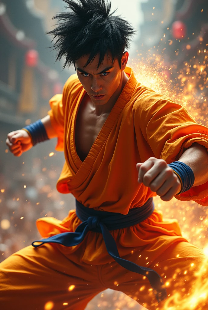 a muscular man with spiky black hair, piercing blue eyes, detailed facial features, wearing an orange martial arts gi, mid-battle pose with energy crackling around him, dramatic lighting, cinematic composition, digital painting, hyperrealistic, highly detailed, 8k, masterpiece