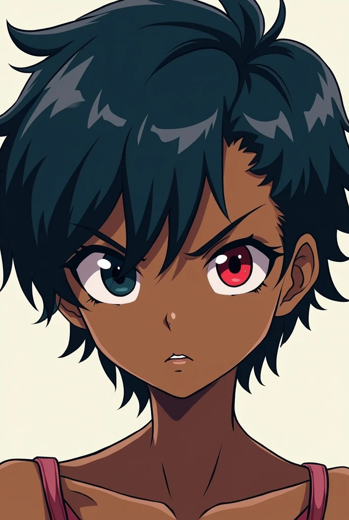 Create a drawing of a girl with a man's hair style and make it blue or dark colors,with a serious expression and that has a red and black eye and that is brown-skinned and that is My Hero Academia style