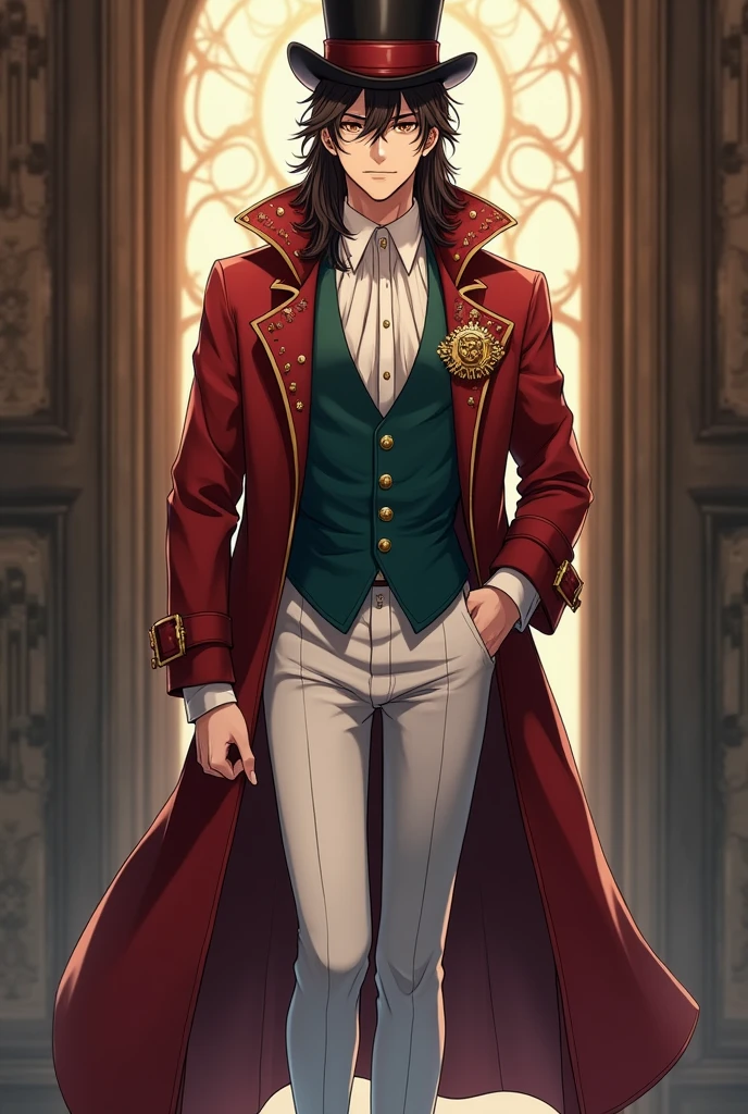 handsome, fair-skinned man with long dark brown hair. He has amber eyes, a tall and slender body with a nice build. his main outfit consists of a dark jade-green vest, a cream colored dress shirt, a long, velvety red coat with gears accessorized on it, along with white trousers and dark shoes. He also dons a black top hat with a red accent and a gold badge accessory anime