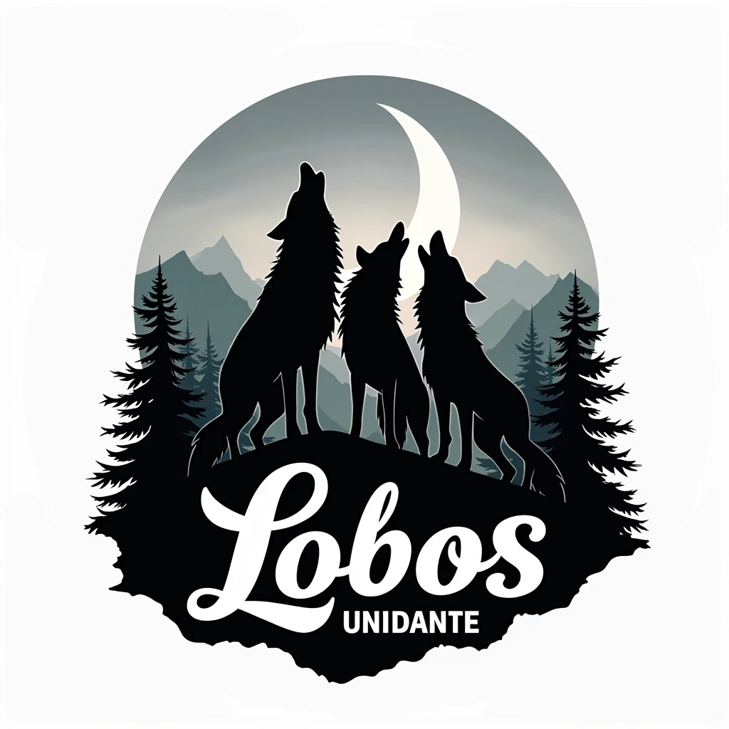 Create a logo for me with 3 wolves howling on top of a hill with a forest and moon in the background. with the name "Lobos" below the wolves and the name "Unidade" below the name lobos, with black and white as the main color
