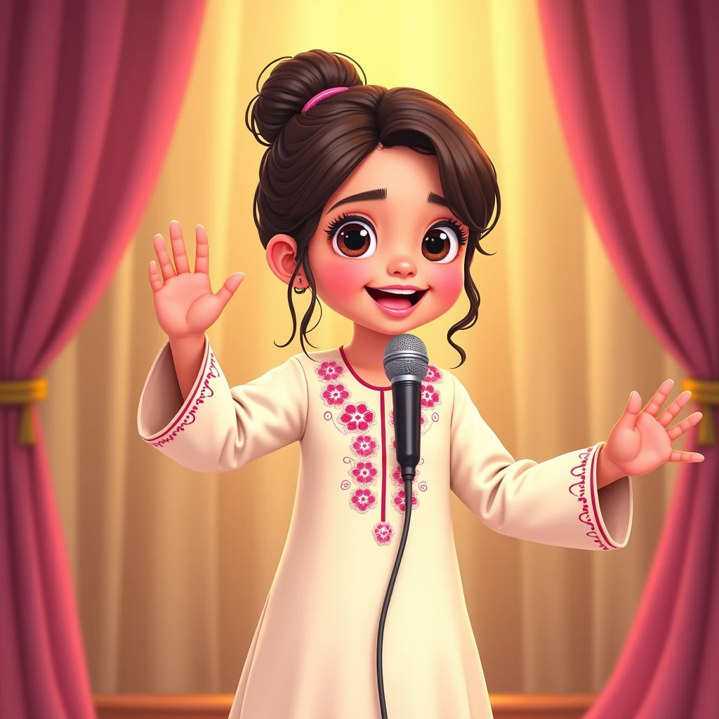 Lily, (highest quality, 4k, masterpiece:1.3), A young Pakistani Muslim girl wearing a traditional cream shalwar kameez with pink floral embroidery. Her hair is styled in a neat bun with loose strands framing her face, as seen in previous images. She waves to the audience with one hand, holding the microphone in the other hand, smiling broadly. The image is in a 2D animation style, with bright colors, cartoonish features, and soft, smooth shading. The background shows soft curtains, warm stage lighting, and a playful, joyful atmosphere. Clear outlines, simple textures, and an illustrated, digital painting look. (Cream shalwar kameez, pink floral embroidery, consistent outfit:1.3), (same hairstyle as before:1.3), (microphone in hand:1.3), (microphone always visible:1.3)