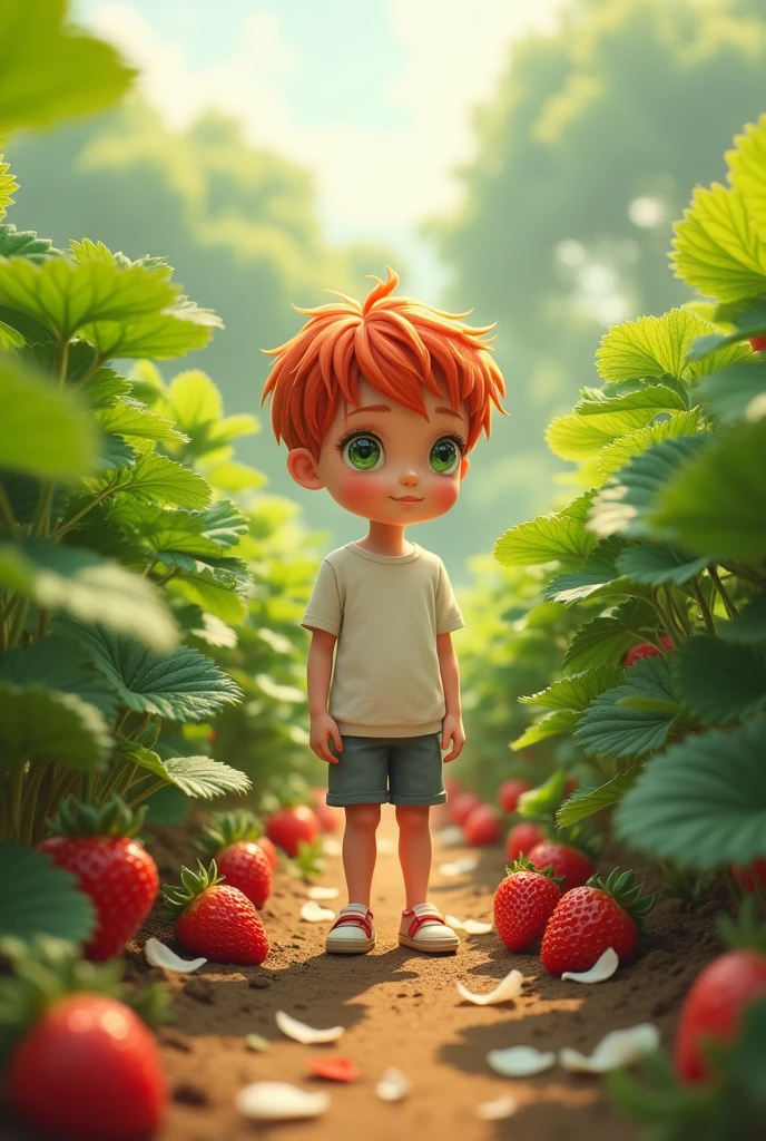 Best quality, ultra high resolution, 1 boy, Red hair, green eyes, Short and slim body, wear a white shirt and shorts, ((shy expression)), Strawberry field