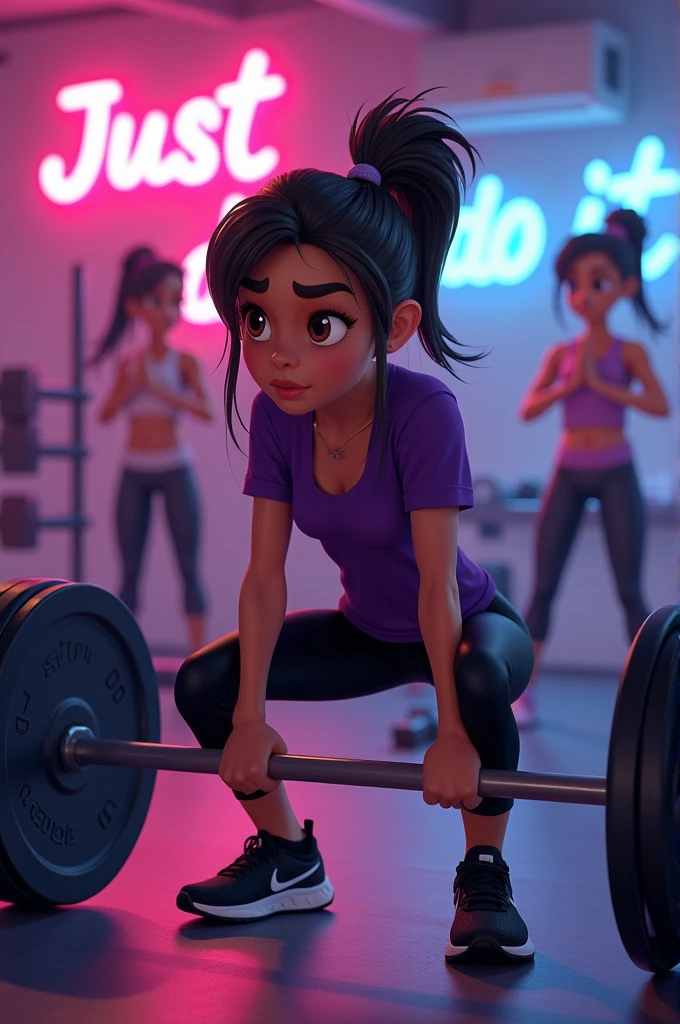 Disney-style poster with a girl in the gym, combed with ponytail dark brown hair and straight, Purple sleeved blouse and black sports leggings, black tennis shoes, lifting a bar with your hands, doing deadlifts, In the background you can see two girls exercising, dumbbells and a neon sign that says Jus do it 