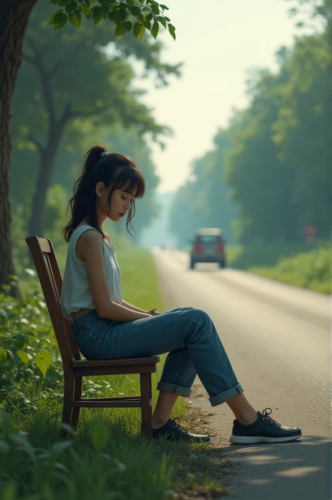 A girl sitting on chair alone near the road looking like an introvert
