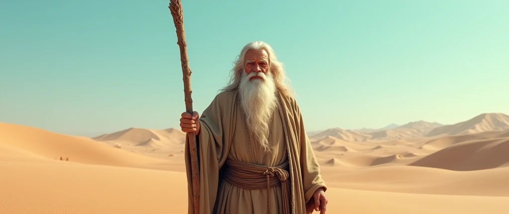 prophet man with a very big beard, and with a staff in his hand in the middle of the desert