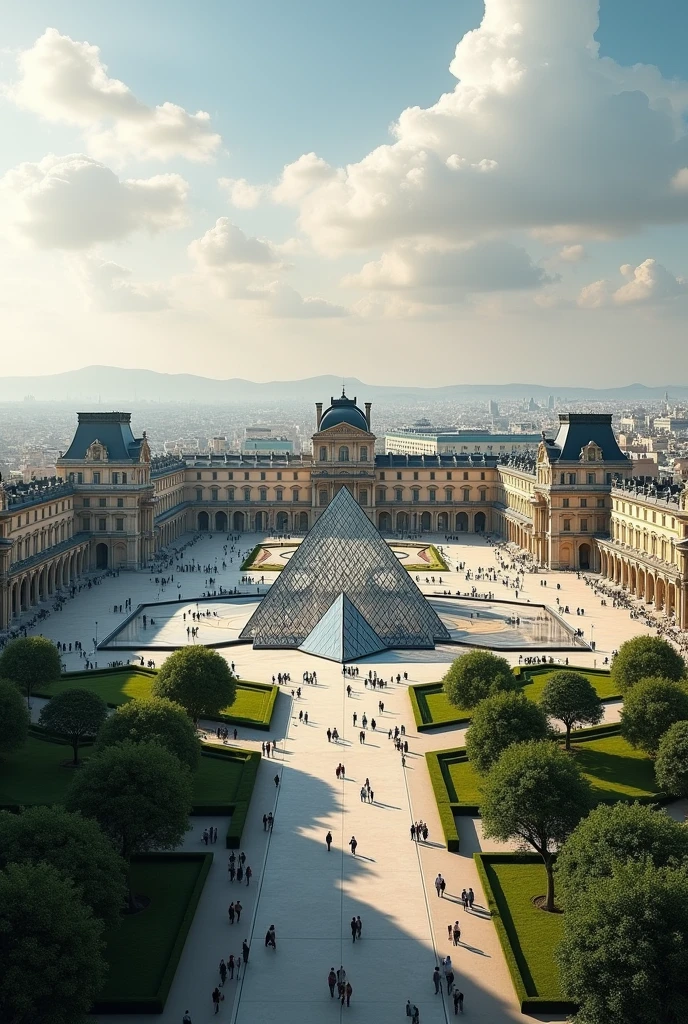 Create a realistic real life image ultra-real with maximum 4k reality another realistic taken from far away from the louvre museum 