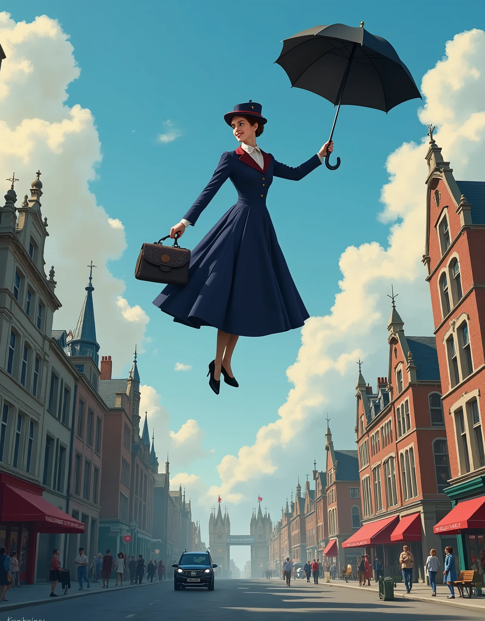 Cinematic Picture of The enigmatic magical nany [Mary Poppins:Emily Blunt:0.1] with her black umbrella she's levitates in the sky, with London City scene in Background, insanely detailed and intricate, photo realistic oil on canvas, Don Lawrence style with Studio Ghibli Aesthetic,  detailed face