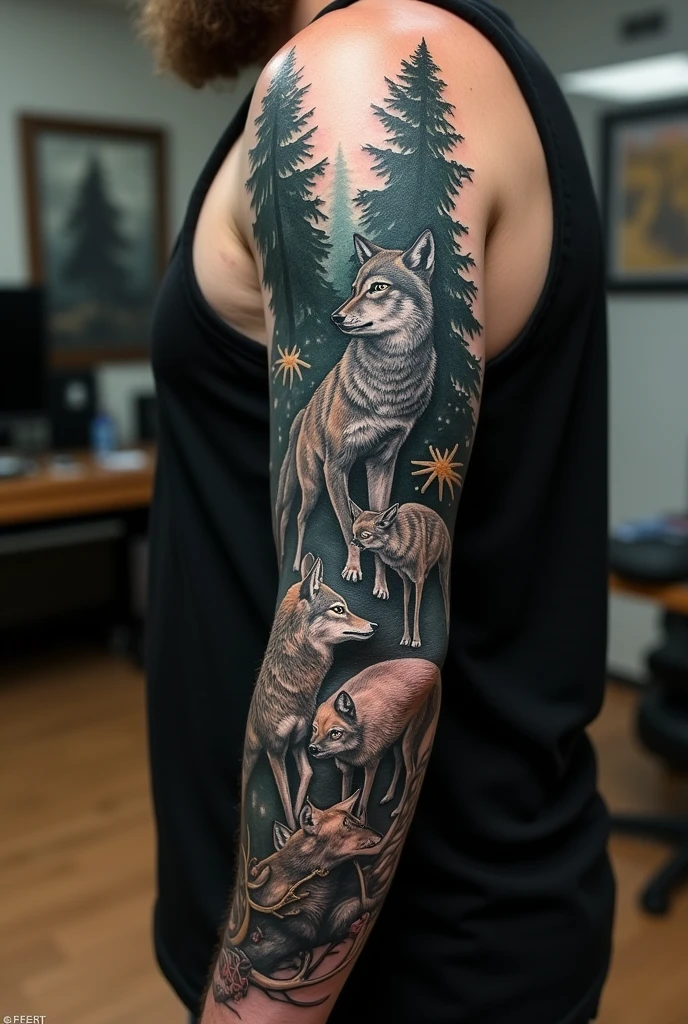 A full sleeve tattoo drawing with a pine forest, lobos, very, deer