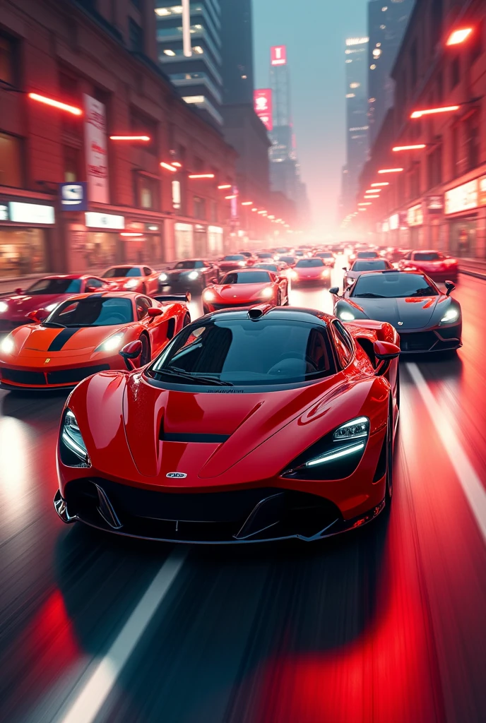 A scene of sports cars in a rally, red ambient lighting, blur of cars racing through the city in the race but sideways, I want cars like Lamborghini, Pagani, porsche, bugatti, ferrari, Koenigsegg and McLaren. Image with dimensions 512 x 800