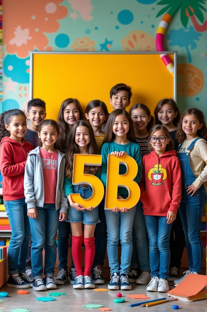 Design a representative photo of class 5B, the letter 5B stands out on a funny background of books and pens