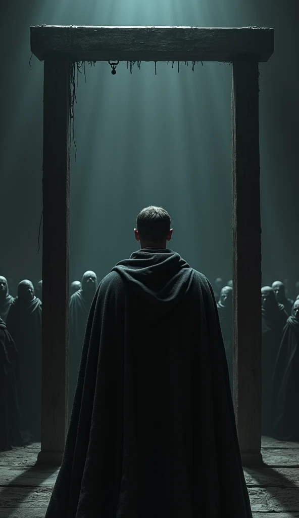 "Dark image showing a guillotine with a silent audience in the background, symbolizing the execution of the king."