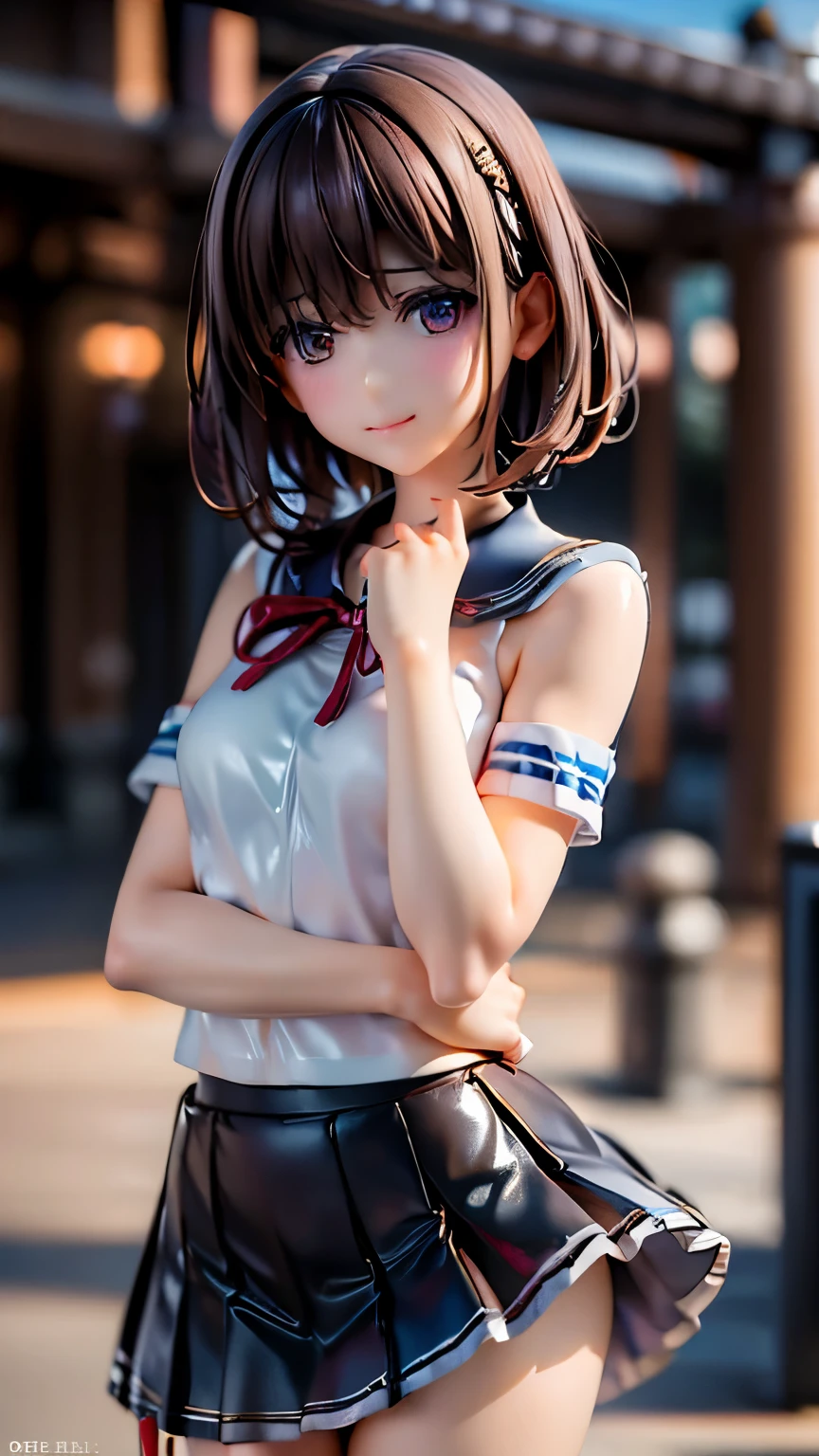 (RAW Photos, Realistic:1.4), Highest quality, masterpiece, 1 person, Small brass,Cleavage, Brown Hair, Brown eyes,   smile, lips,expensive 、White Sailor Suit、Micro Mini Skirt、Blowing in the wind、Skirt flip、8k, Stage lighting,  smile