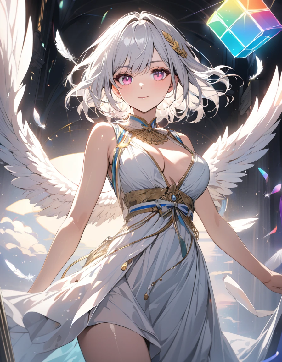 (masterpiece)、(absurdres)、(ultra detailed)、(8k),((Woman with angel wings:1.2)),Floating white feathers:1.4,(soft lighting:1.2),smile,cowboy shot,(Greek national costume:1.2),front,((solo girl),(white hair),shortcut hair,(shiny pink eyes),(middle breast:0.9),BREAK,(yellow hairpin:0.9),BREAK,hands on Floating rainbow lighting cube:1.1,looking away,looking down,closed mouth,