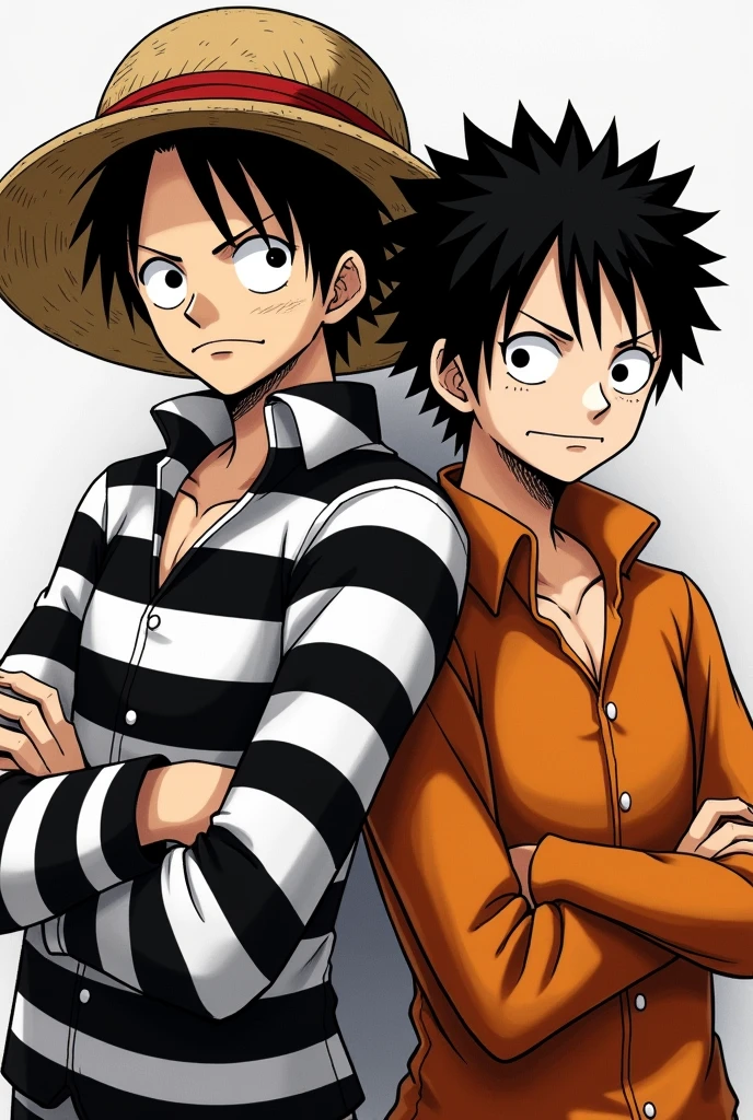 Monkey D. Luffy in a black and white striped long-sleeved prison uniform and Monkey D. .... Luffy in orange long sleeve prison uniform Original anime One Piece 