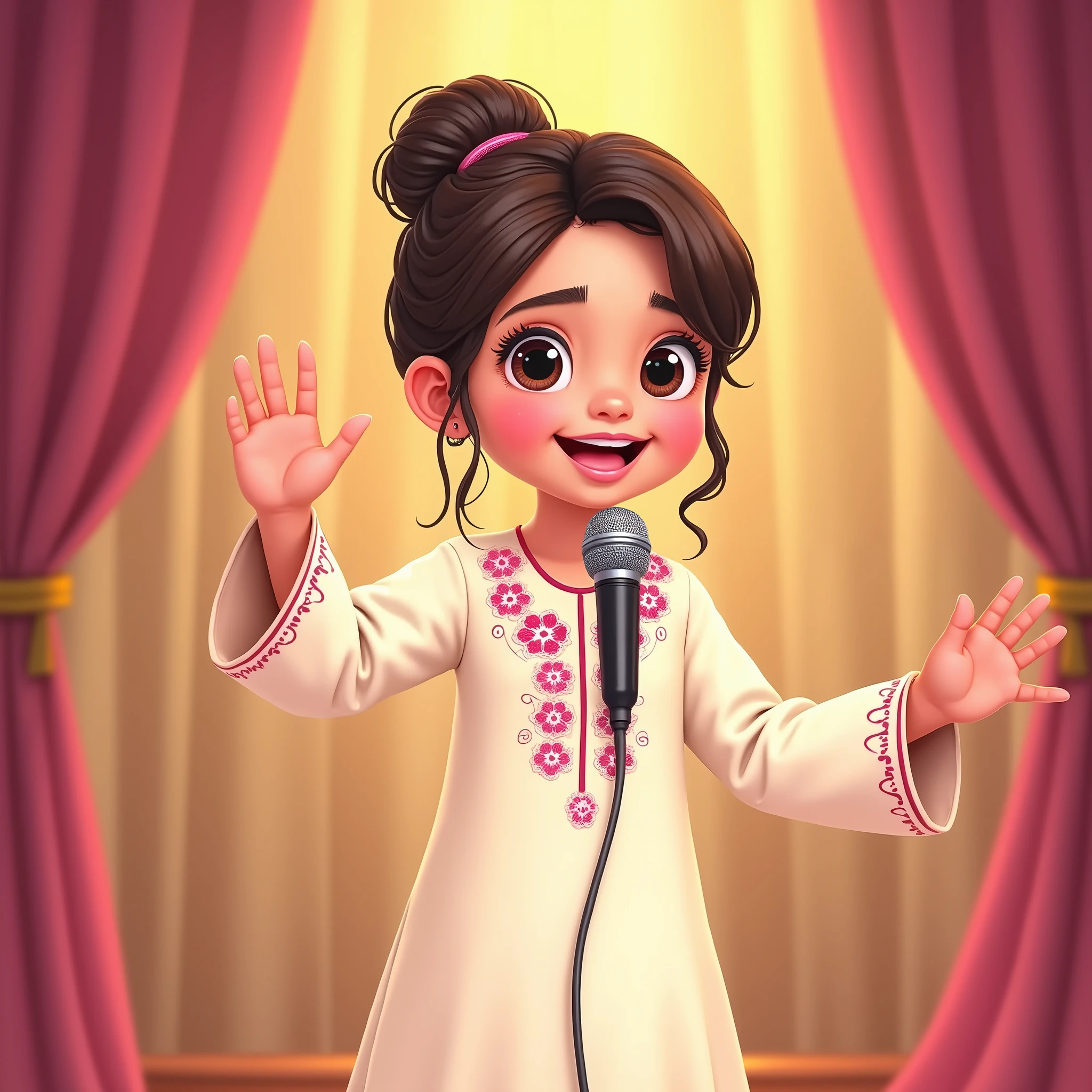 Lily, (highest quality, 4k, masterpiece:1.3), A young Pakistani Muslim girl wearing a traditional cream shalwar kameez with pink floral embroidery. Her hair is styled in a neat bun with loose strands framing her face, as seen in previous images. She waves to the audience with one hand, holding the microphone in the other hand, smiling broadly. The image is in a 2D animation style, with bright colors, cartoonish features, and soft, smooth shading. The background shows soft curtains, warm stage lighting, and a playful, joyful atmosphere. Clear outlines, simple textures, and an illustrated, digital painting look. (Cream shalwar kameez, pink floral embroidery, consistent outfit:1.3), (same hairstyle as before:1.3), (microphone in hand:1.3), (microphone always visible:1.3)