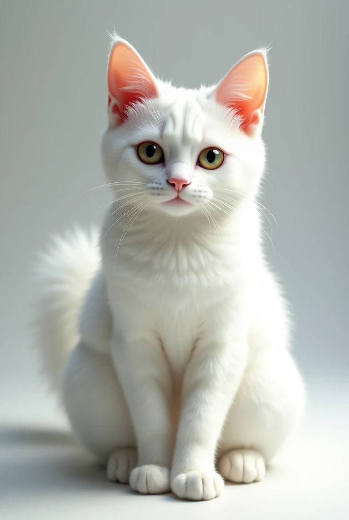 White cat with ears, lead back and tail
