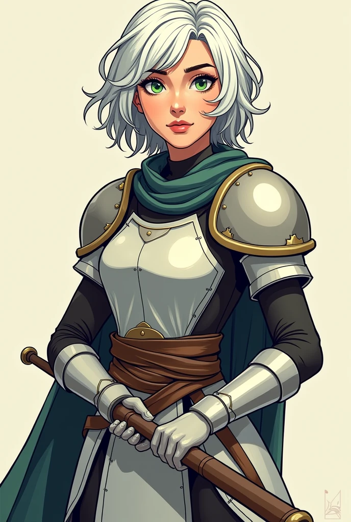 Create a female cleric around 24 to 2 with short white hair, styled in the aesthetic of classic comic books. She has a youthful but mature appearance, with defined features and a calm, focused expression. She wears stylized light armor fitting for a cleric, and holds a simple iron mace (not a hammer). The style should embrace bold comic book lines, flat colors, and exaggerated proportions typical of traditional comics. Focus on giving her an aura of strength and wisdom, without making her appear older or too young