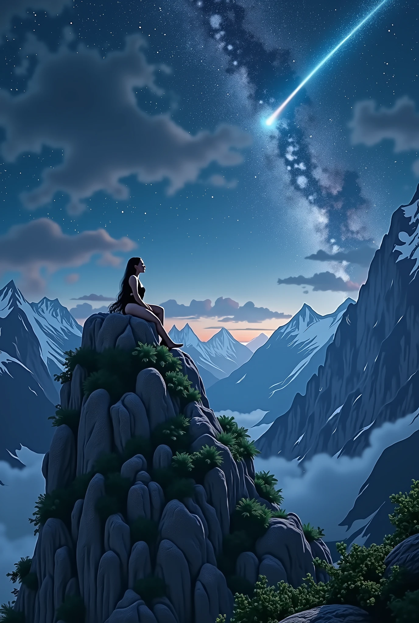 a sexy girl lying on the top of a mountain looking at the starry sky (many stars) and a shooting star falls on it