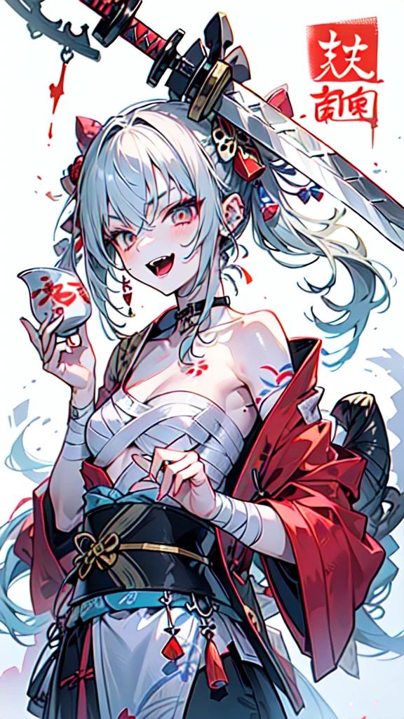 1 girl, big breasts, jiangshi, no underwear, no panties, no bra, expressionless, ((long hair)), dynamic, kung fu pose, gray hair, pale skin, Chinese dress, cowboy shot, tongue sticking out, long tongue, heart-shaped eyes, braids