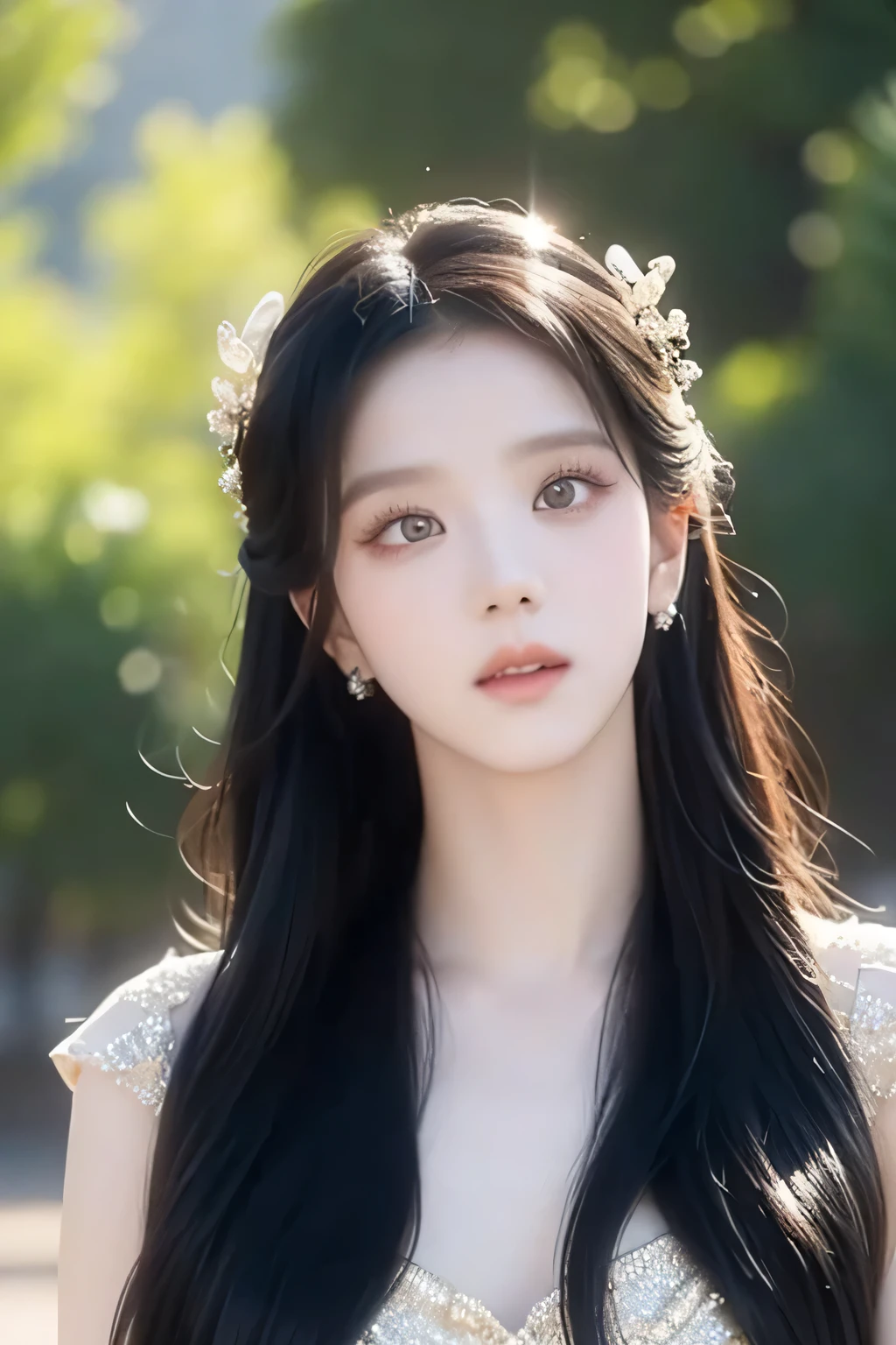 Jisoo, pearl dress, fairycore, long black hair, beautiful detailed black eyes, beautiful detailed lips, extremely detailed face, longeyelashes, elegant pose, dramatic lighting, cinematic, chiaroscuro, dramatic shadows, golden hour, atmospheric, photorealistic, 8k, best quality, masterpiece, meadow background, glow, magical