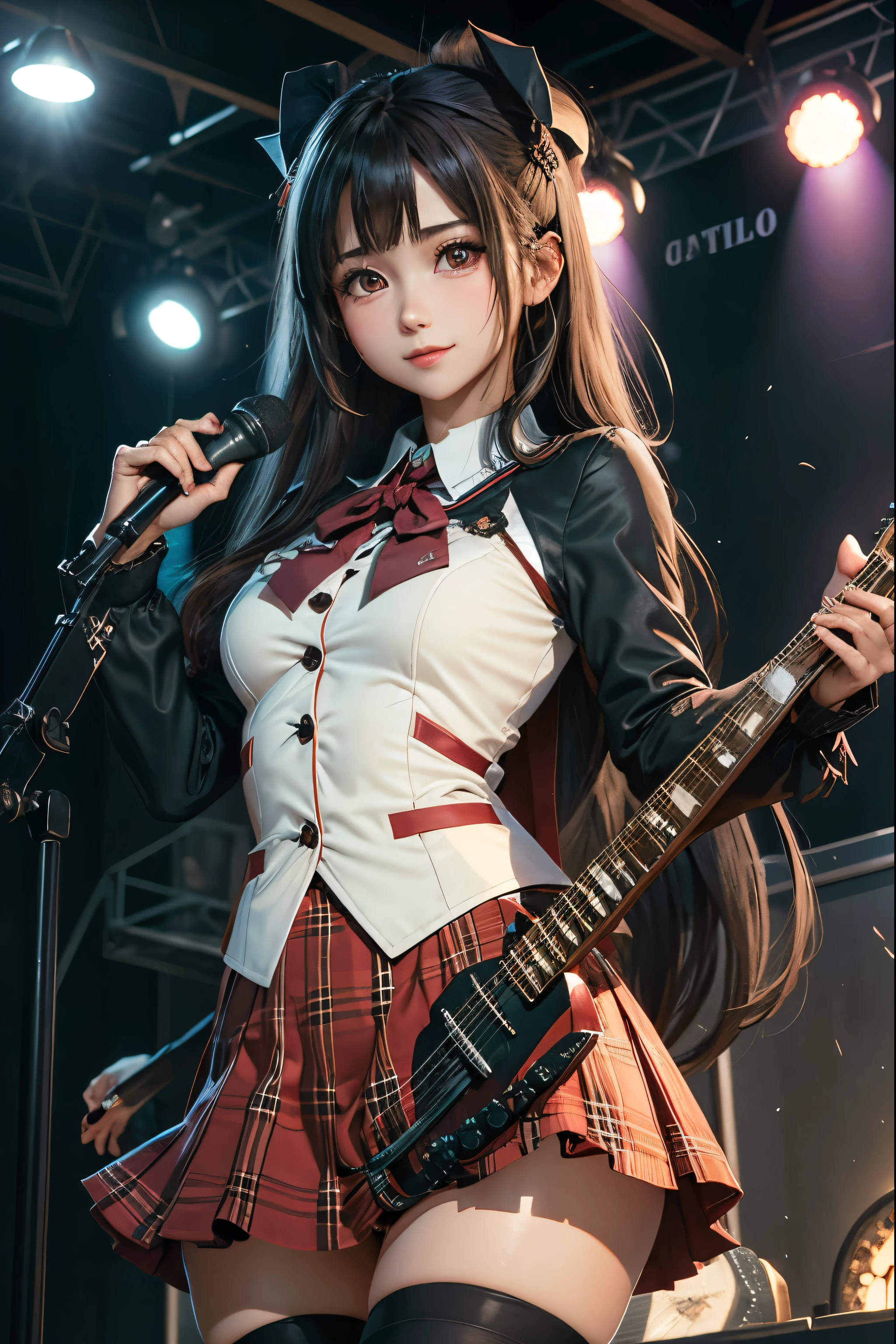 High school girl blazer、uniform、Red checked knee-length skirt、Long skirt、JK Style、Jacket、smile、Knee-high socks、Thigh-high socks、pantyhose、Extremely beautiful、Super cute、ennui、Rare Beauty、Dark black eyeshadow、sad、Skin radiance、Long Hair Straight Hair、Dark Gothic Makeup、Dark Smile、Fragrant beauty、Stained glass background、masterpiece、Highest quality、See 5 books、Sweat glistening on my chest、Sweat glistening on the face、Small breasts、2、Slightly slim、Mysterious look、Sad look、Mysterious Gothic Church、enchanting castle、Excessive sweating all over the body、Sweat dripping down thighs, shining in the light、Shiny thighs、Thighs、Sweat on thighs, shining brightly、sweat profusely、gal、Small breasts、Japanese face、Captivating look、Thin Thighs、play the guitar、I have a guitar、Enthusiastic singing、play the guitar in a band、Playing guitar chords、Background of the live music venue、Sing a song、Open your mouth、Scenery of a live music venue、Mike stand、Glamorous live stage、Dynamic Angles、Vivid straight long hair、delicate straight hair、