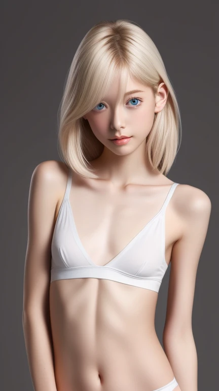 photorrealistic、a girl 、very fine、slim and beautiful、((breasts small:1.2)) narrow shoulders、realisticeyes、realisticeyes、、disheveled platinum blonde hair、Maximum quality、ultra-high resolution、８ｋ、not until, very tight wet panties, transparentes, detailed chest