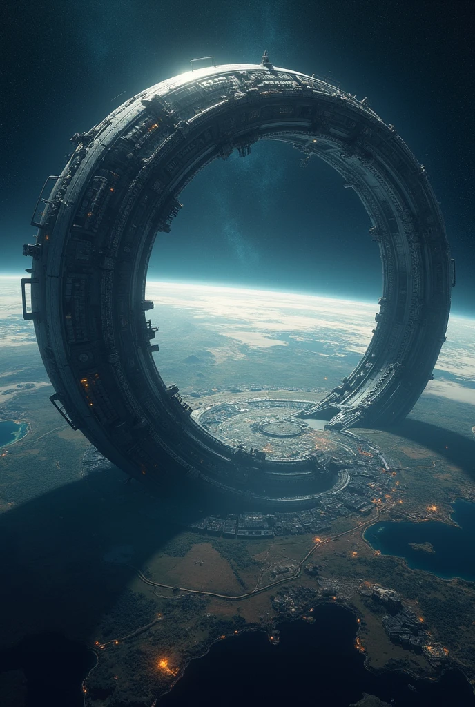 The distant future of planet Earth. size 1/4 all super detailed crescent shaped alien object a giant space station flies. Flying over that part of the earth, where it is now night. It has all the same things, as on Earth - cities, nature, mountains & mares. It turns out to be the second floor of the planet. This station is fixed at the north and south poles of the planet by its edges. Detailed terrain. Detailed space