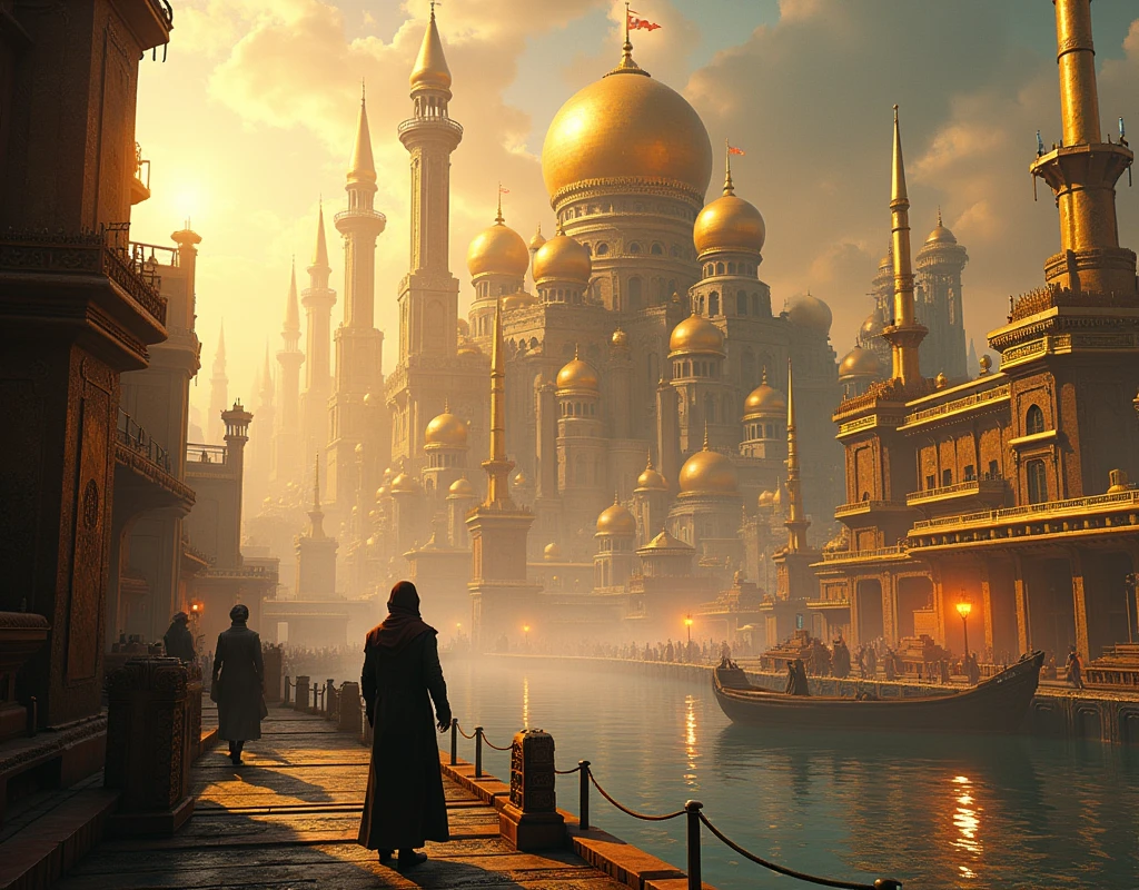 radiant fantasy arabian city with gold tops seen from a port, sharp focus, emitting diodes, smoke, artillery, sparks, racks, system unit, motherboard, by pascal blanche rutkowski repin artstation hyperrealism painting concept art of detailed character design matte painting, 4 k resolution blade runner