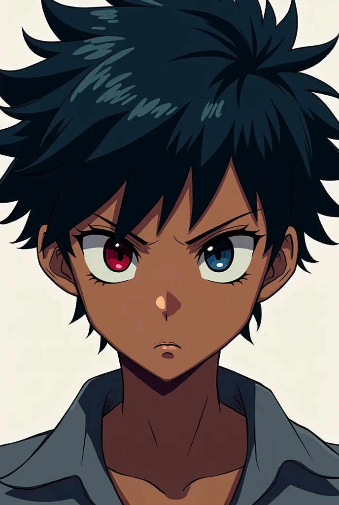 Create a drawing of a girl with a man's hair style and make it blue or dark colors,with a serious expression and that has a red and black eye and that is brown-skinned and that is My Hero Academia style
