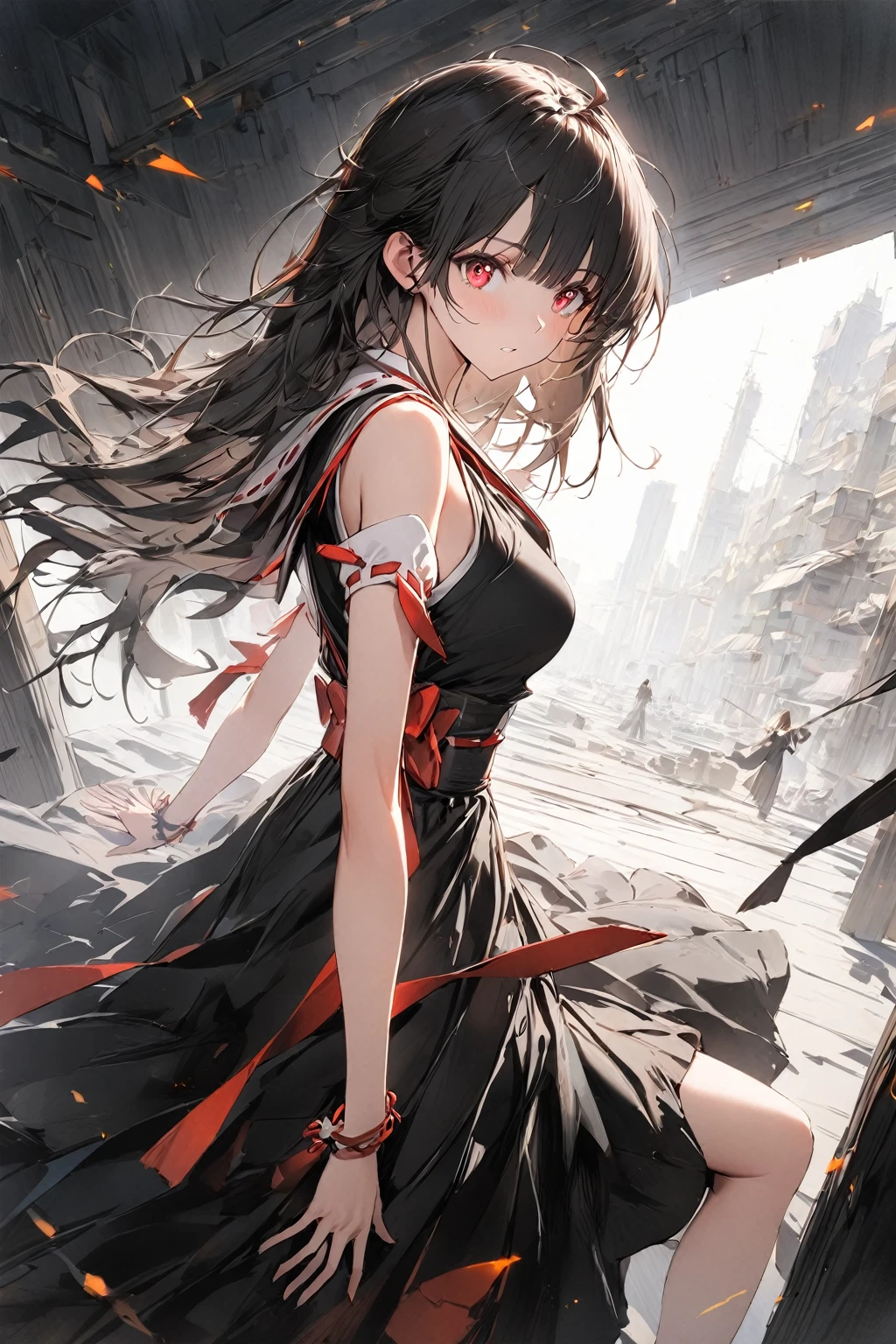 1girl, bangs,black long hair, messy hair, gradient_eyes,red eyes, diamond-shaped pupils, miko girl, royal type shoulder off dress, Conceptual art, masterpiece, super detail, high details, high quality, best quality, highres,((dynamic angle)),((dynamic pose)),
