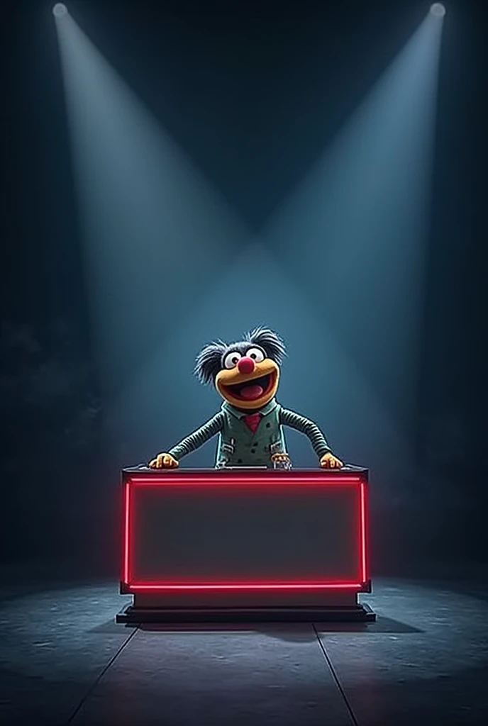 Could you create a stage for a paper-drawn style muppet with a dark background and a presentation bar that divides half the screen as a news anchor without the character in tik tok format please? 