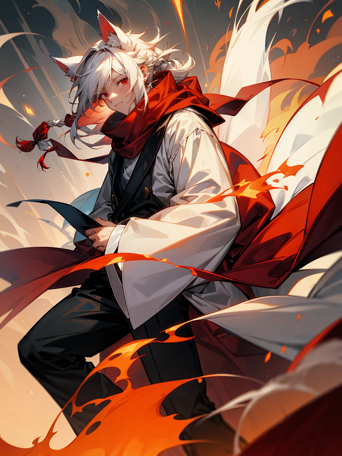 1male, Adult, Long White Hair, White Baggy Long Sleeve Shirt, Baggy Black Pants, Red Eyes, Red Scarf, Earring, Masculine, Dog Ears, Surrounded By Flames, Wolf, Single Hair Braid