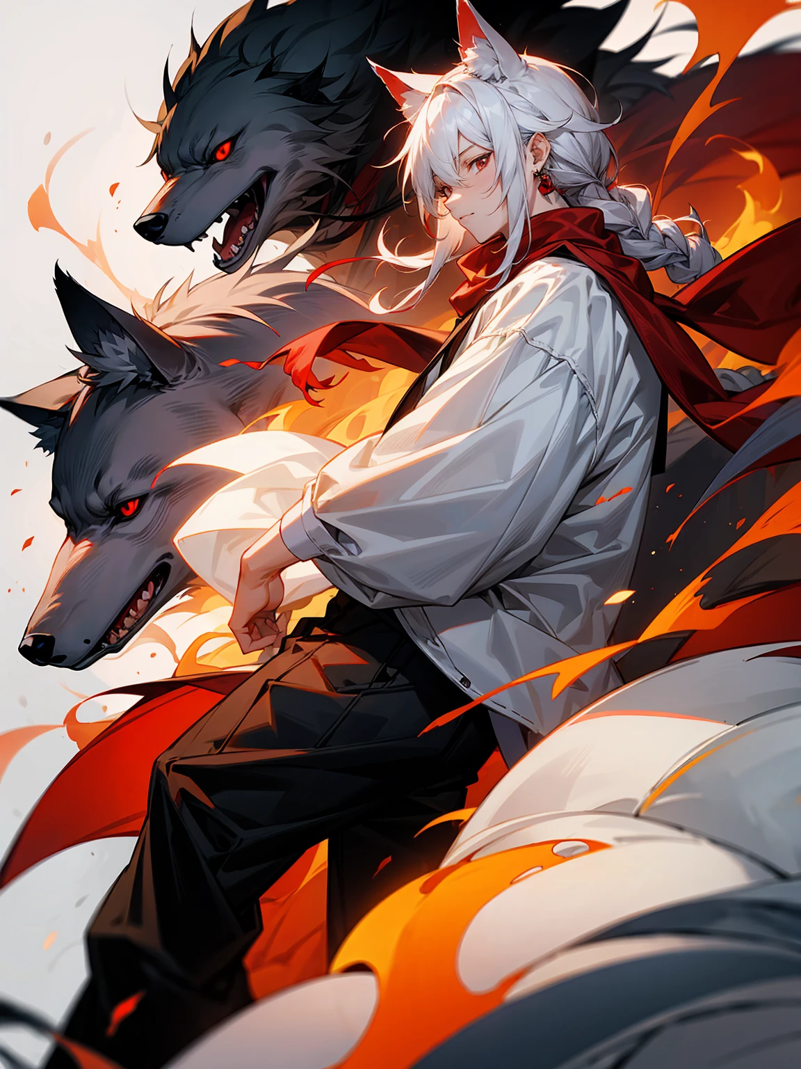 1male, Adult, Long White Hair, White Baggy Long Sleeve Shirt, Baggy Black Pants, Red Eyes, Red Scarf, Earring, Masculine, Dog Ears, Surrounded By Flames, Wolf, Single Hair Braid