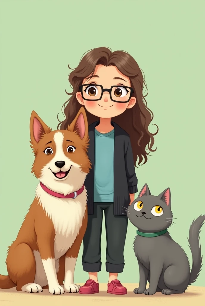 A young girl with brown long and curly hair, brown eyes, wearing a big smile wearing square prescription glasses, a black pants and a blue t-shirt and a black cardigan standing next to big white and cream dog of the breed border collie with a pink collar. Standing between the dog and the girl is a gray fluffy cat with yellow eyes. The background is a light green. The style of the scene is inspired by the movie My Neighbor Totoro.