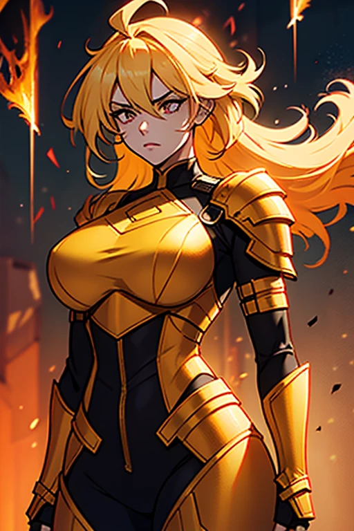 1 female、Orange hair、Colossal tits、Big ass、Black catsuit、yellow eyes、Large, thick thighs、a short bob、wide hips