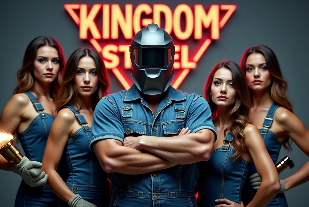 Make a large and clear photo with a logo written kingdom steel With a man wearing denim overalls with a welding mask and crossed arms with two women, one on each side, a sexy blonde Asian woman with large breasts wearing denim overalls holding a welding torch and the other sexy black woman with large breasts wearing denim overalls holding a welding torch 