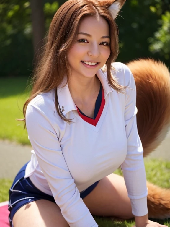 ((Highest quality, 8k)), ((masterpiece)), (Highest Resolution), Perfect Face, Fox Woman, Female college student, Beautiful woman, Outdoor, Only one tail, she has thick thighs, Her large tail, Her brown fox tail, She wags her tail, smile, Collar on Leash, She is wearing bloomers as part of her gym uniform., Plump Breasts, Beautiful Hips , Her fox tail sticks out from her bloomers, On all fours