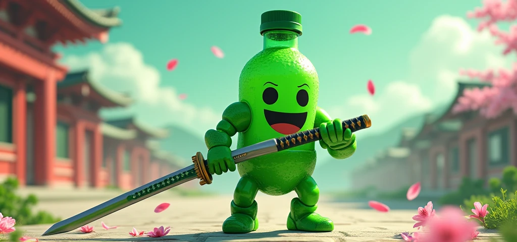  green pet bottle with human features, dollynho shinigami soda mascot with a katana
