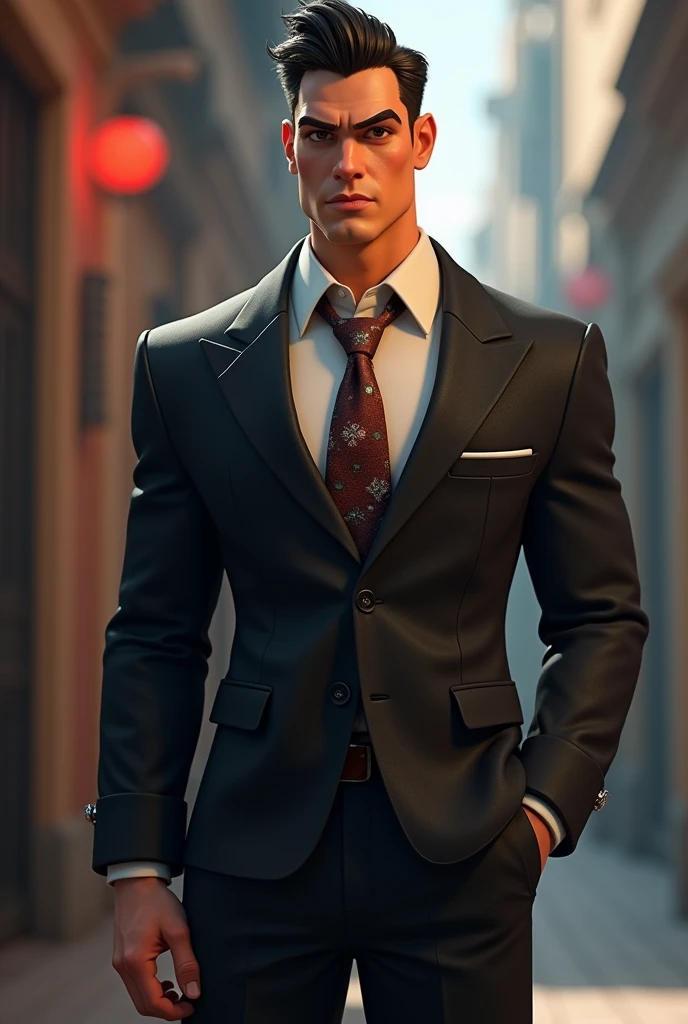 A 25 Years old Mafia Guy, with a mafia hat and a cigarette on the hand and a gun in the other hand, in a Mafia 1920 City street