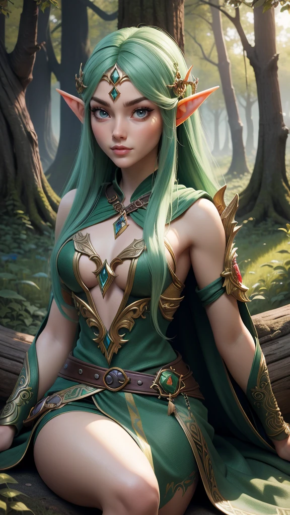 a close up of a girl with green hair sitting on a mushroom field, elf girl, beautiful elf with revealing and ornate robes, showing lots of skin, fantasy art style, beautiful wood elf, realistic fantasy artwork, a portrait of an elf, portrait of an elf, very beautiful elven top model, epic fantasy art style, detailed fantasy art, female elf, trending digital fantasy art, realistic fantasy render