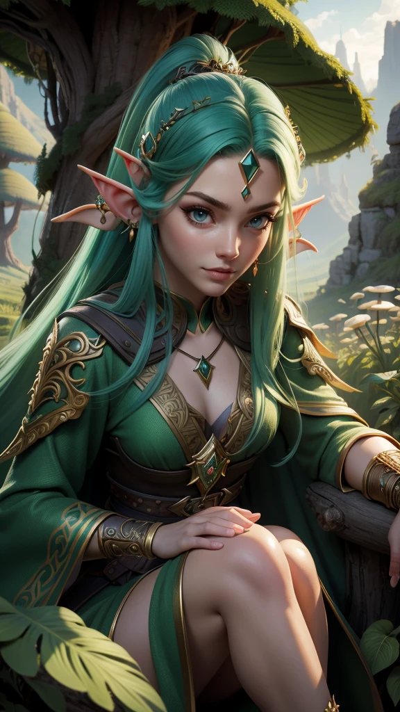 a close up of a girl with green hair sitting on a mushroom field, elf girl, beautiful elf with revealing and ornate robes, showing lots of skin, fantasy art style, beautiful wood elf, realistic fantasy artwork, a portrait of an elf, portrait of an elf, very beautiful elven top model, epic fantasy art style, detailed fantasy art, female elf, trending digital fantasy art, realistic fantasy render