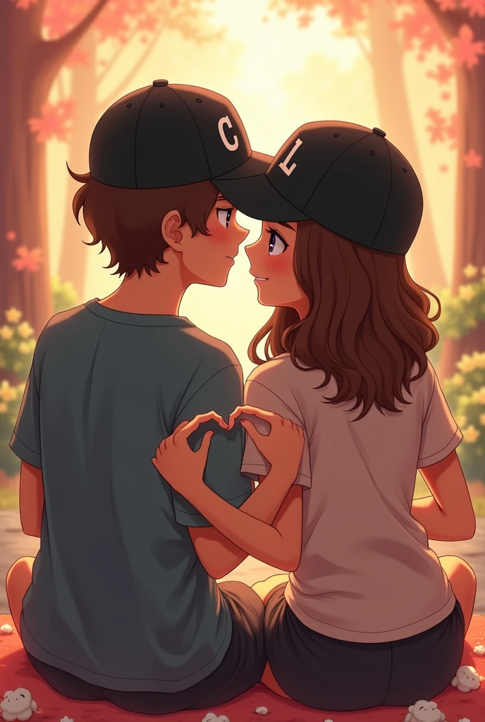 Photographs with the initials on his black cap C for man and L for woman, as a couple in love, with anime cartoons The couple is sitting and they are forming a heart with their hands , homem de cabelo enrolado cor castanho, morena parda