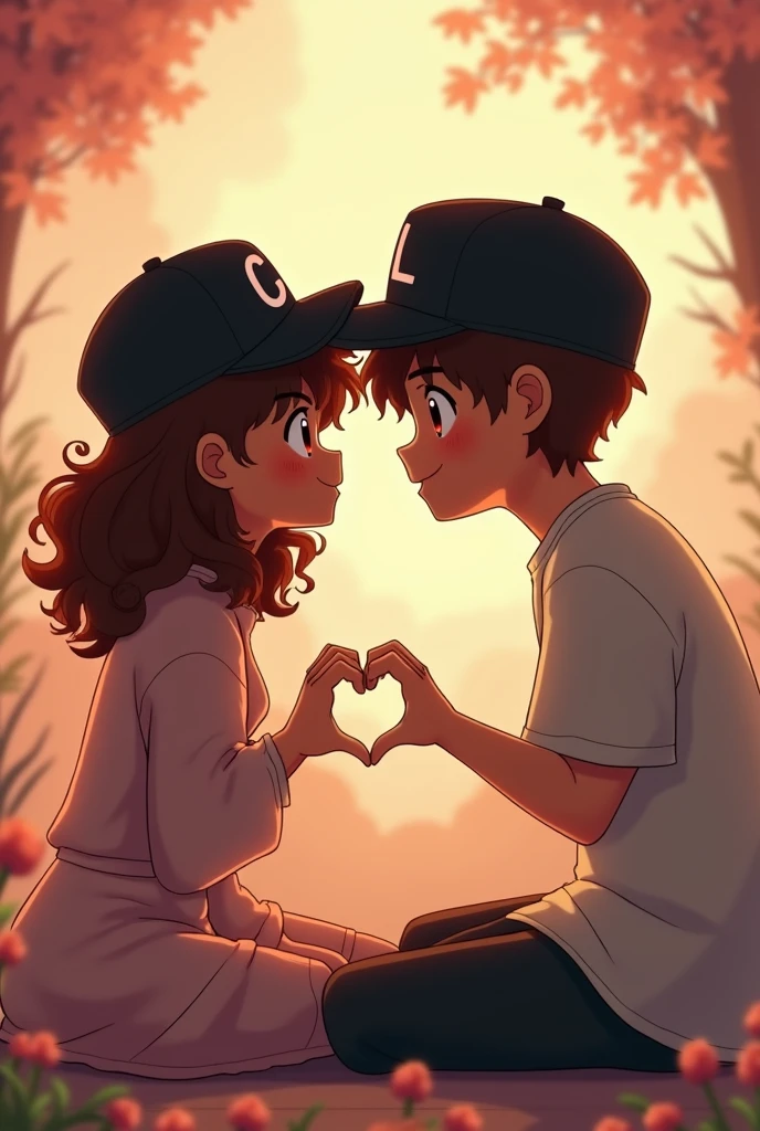 Photographs with the initials on his black cap C for man and L for woman, as a couple in love, with anime cartoons The couple is sitting and they are forming a heart with their hands , homem de cabelo enrolado cor castanho,  morena parda 