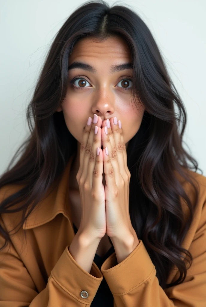 It features a young beautiful Indian girls with a surprised expression on her face, covering his mouth with her hands and seeing ahead. She is wearing a brown jacket and has black hair. The background is white