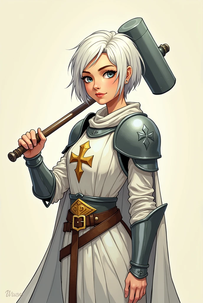 Create a female cleric, aged 24 to 26, with short white hair, in the style of classic comic books. Ensure she has a youthful but grounded appearance, with realistic proportions and mature features. She should wear stylized light armor with clear, bold lines and hold a simple iron mace. The art should use strong, defined outlines, minimal gradients, and flat colors typical of traditional comic book art. Focus on conveying her divine strength and confidence with a dynamic yet dignified pose