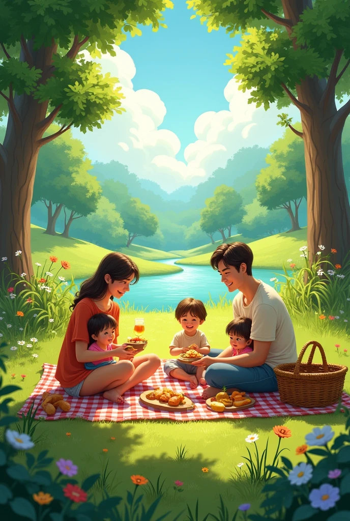 A place with lots of greenery and a family having a picnic