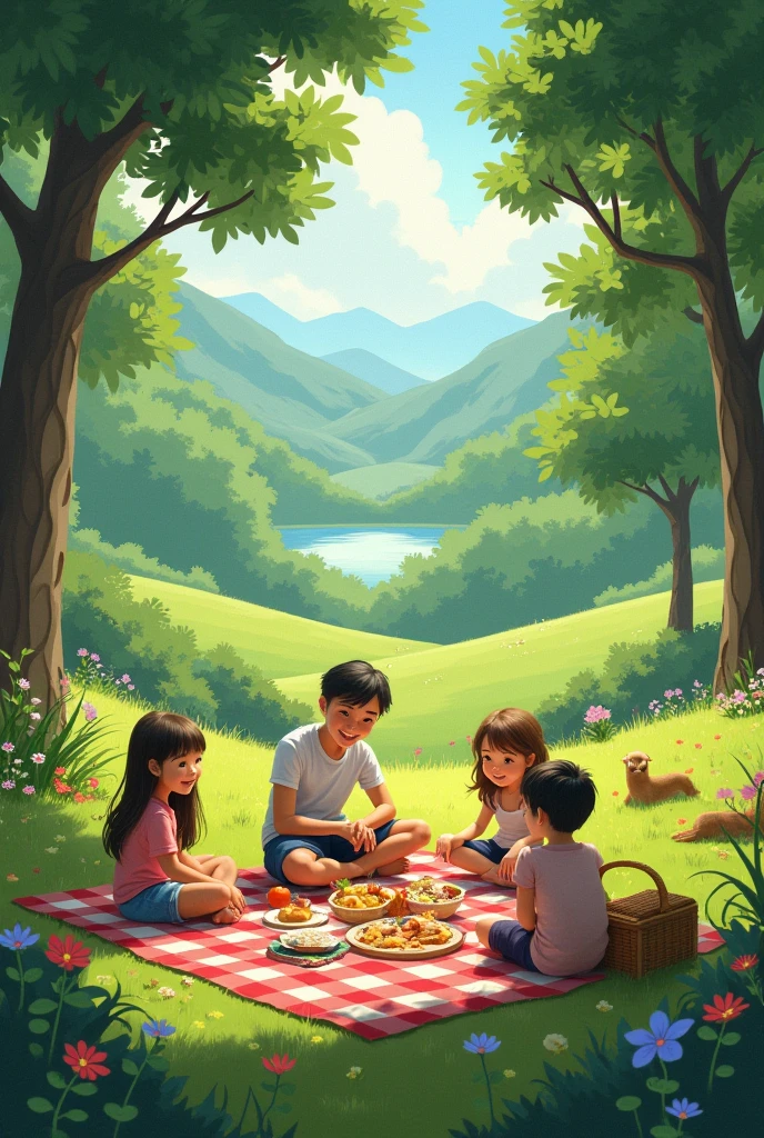 A place with lots of greenery and a family having a picnic