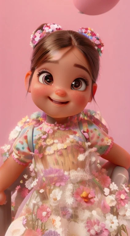 3D_Pixar_estilo little smiling girl who has a mole on her right cheek. She has her hair divided in the middle with two pink bows. She has brown skin and wears a pink dress. create pixar cartoon image