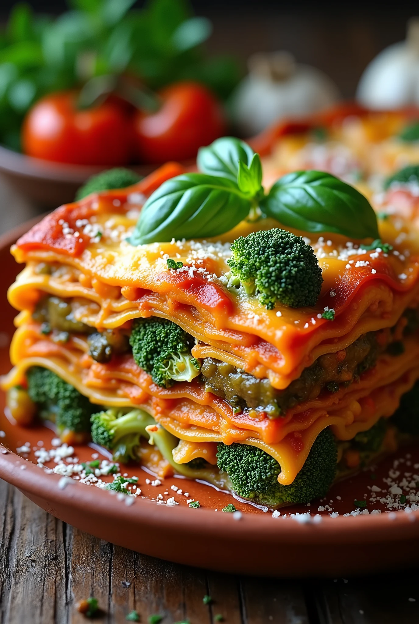 post for instagram vegetarian lasagna of brocoly, cauliflower, eggplant, tomatoes, oregano, basil, carrots, bell pepper, onion and garlic