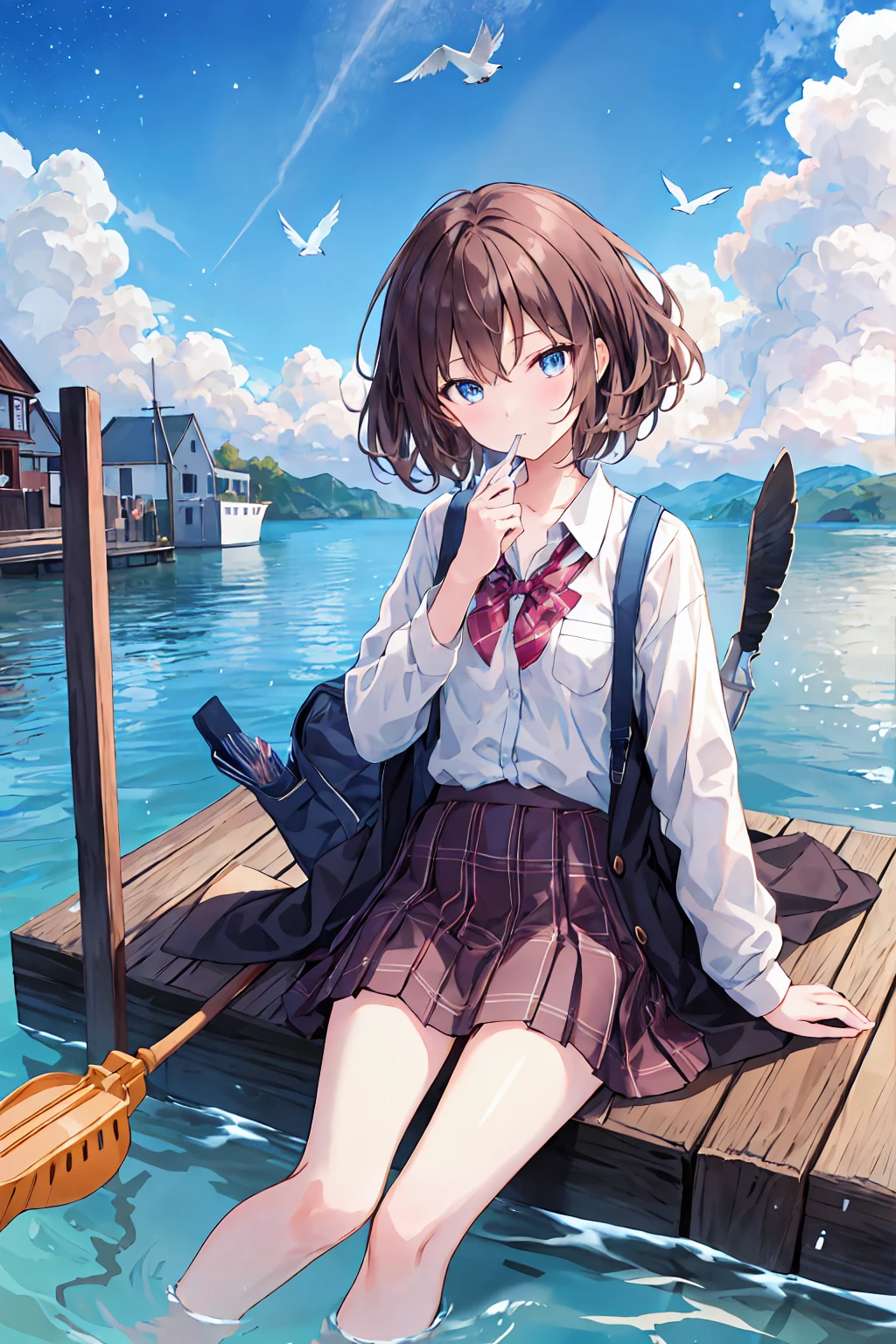 One person,Brown Hair，Shortcuts，Messy Hair，Slender beauty，A dignified posture，Small chest，Beautiful feet ，Her captivating grey-blue eyes shine like stars，bird, watercraft, boat, alone, Brown Hair, skirt, Sitting, Outdoor,  null, shirt, Jacket, blue null, Holding, white shirt, water, Seagull, bag, tie, close your eyes, Plaid skirt, pleated skirt, Long sleeve, collared shirt, Wind, Plaid, Day, musical instrument, school uniform, Floating Hair, music, Food down, Food, Mouth closed, playing musical instrument, bangs, Medium Hair, yellow Jacket, swing, Boat, coat, scenery, Swarm, Holding musical instrument, white bird